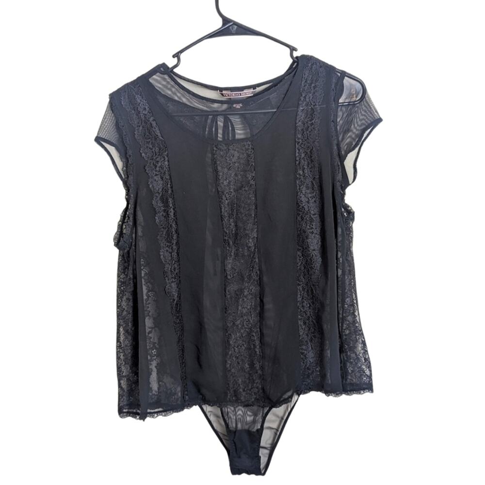 Dark Romantic Bodysuit & Lace Tie Back Short Robe Cover-up  Women's S/M Bla…